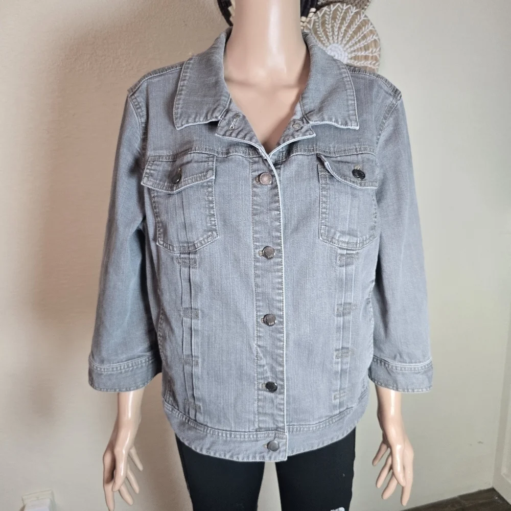 J Jill Denim Jacket Women's Xl Cotton Stretch Gray Button 3/4 Sleeve - Picture 10 of 11